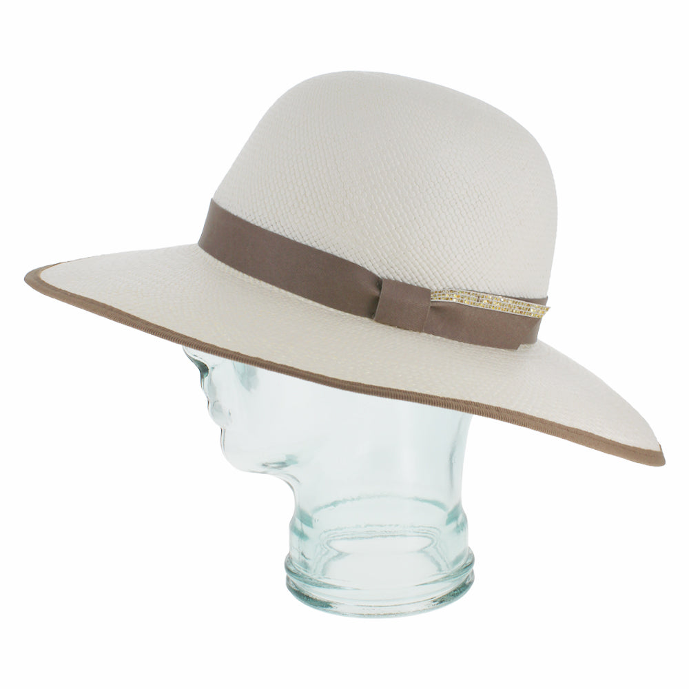 Belfry Mazzi beige Panama straw sunhat with faux leather band and gold rhinestone detail