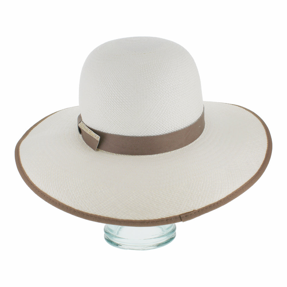 Lightweight beige Panama straw sunhat with wide brim for sun protection and style