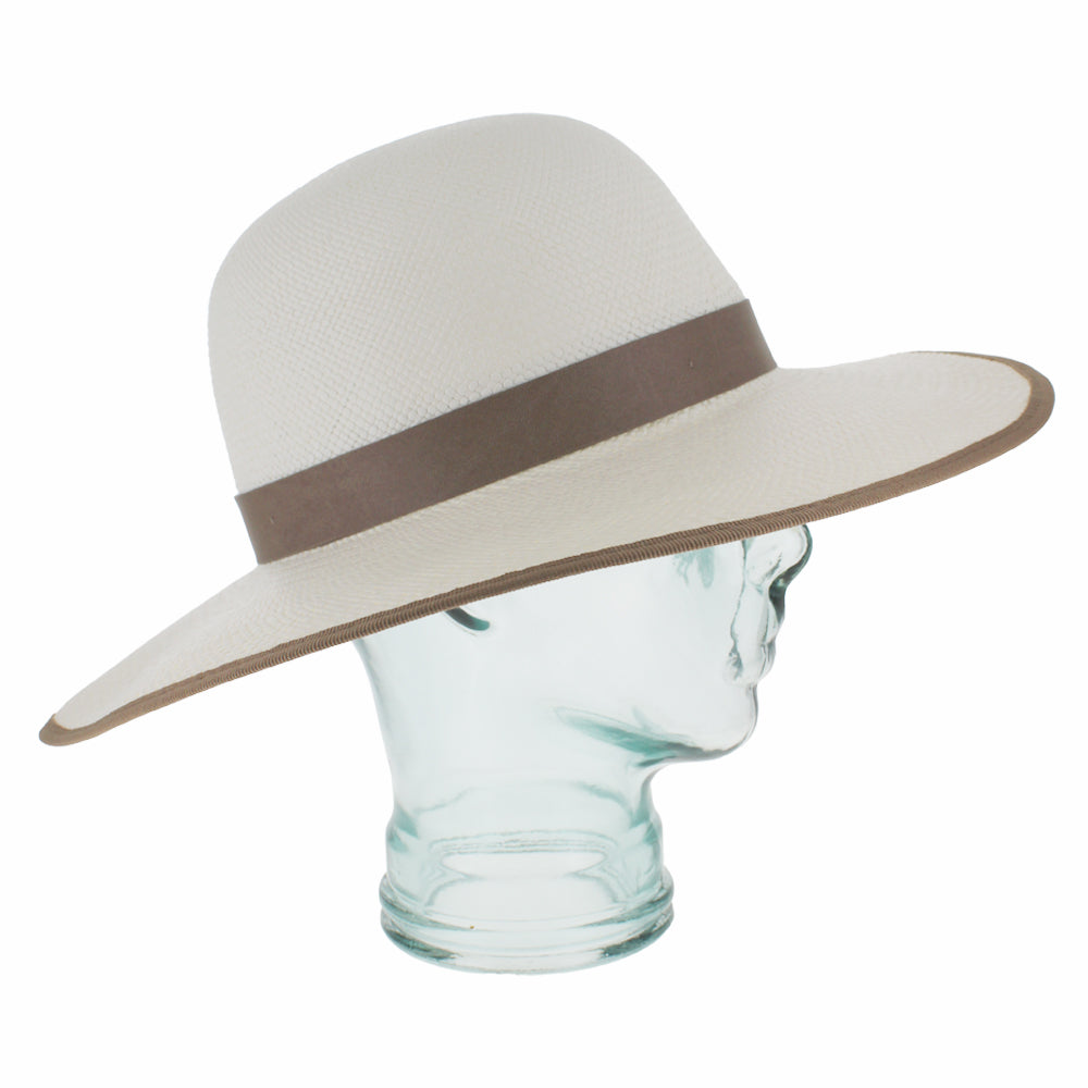 Beige Panama straw sunhat with faux leather band and subtle rhinestone accents