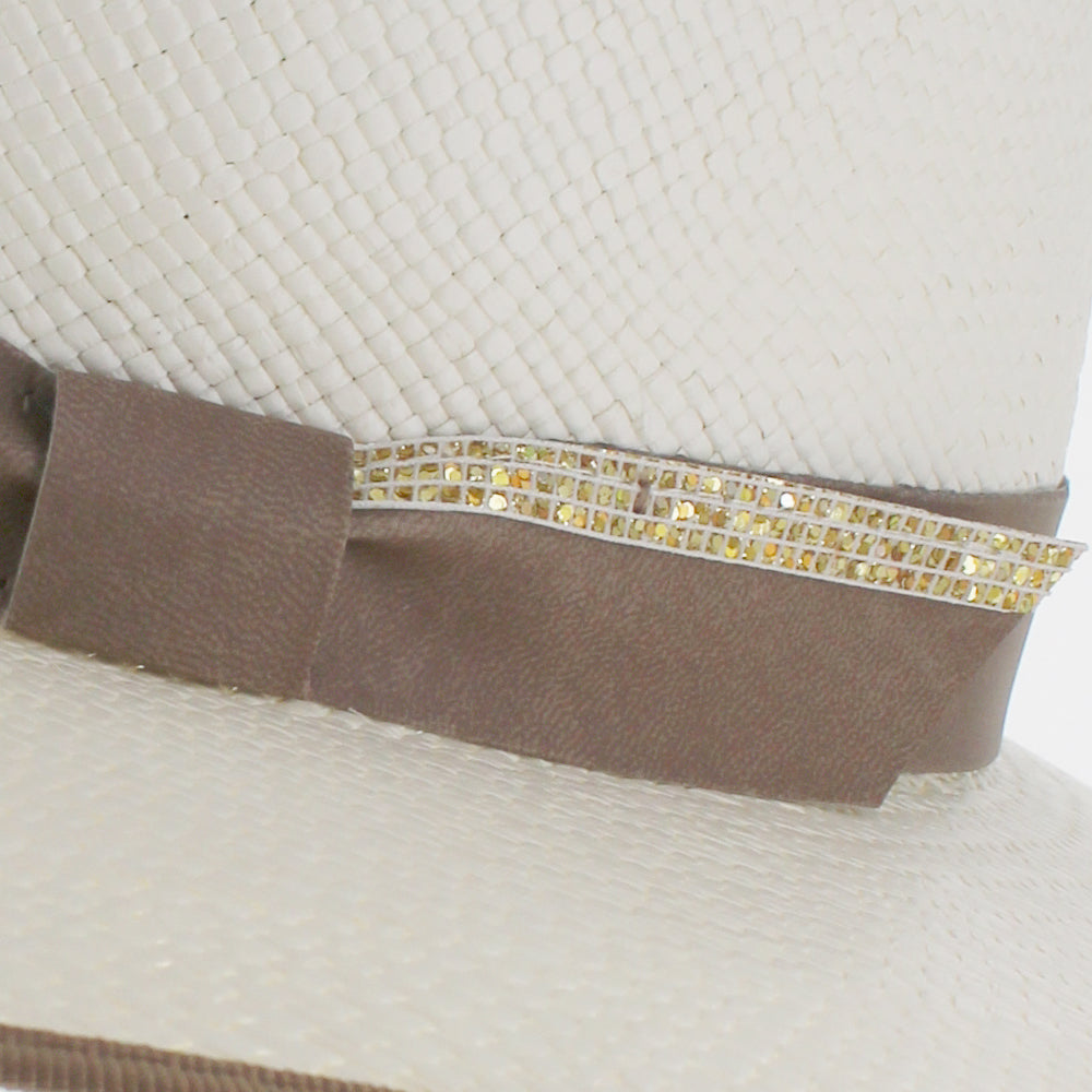 Beige Panama straw sunhat with elegant band detail for casual and dressy styling
