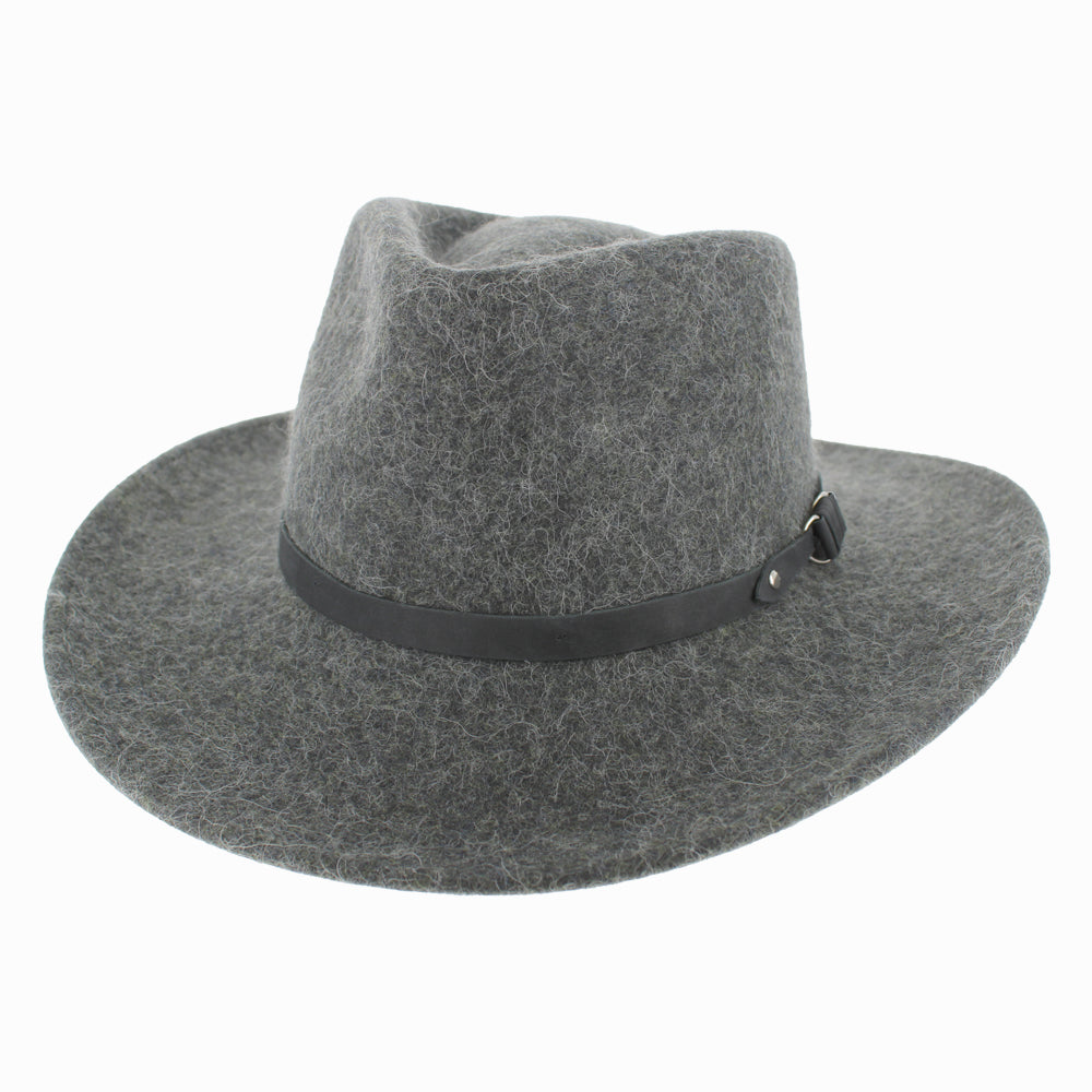 Side view of Grey Belfry Diego wide-brim alpaca wool safari hat, ideal for bold fall winter outdoor styling