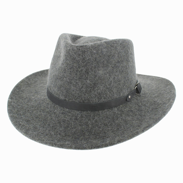 Side view of Grey Belfry Diego wide-brim alpaca wool safari hat, ideal for bold fall winter outdoor styling