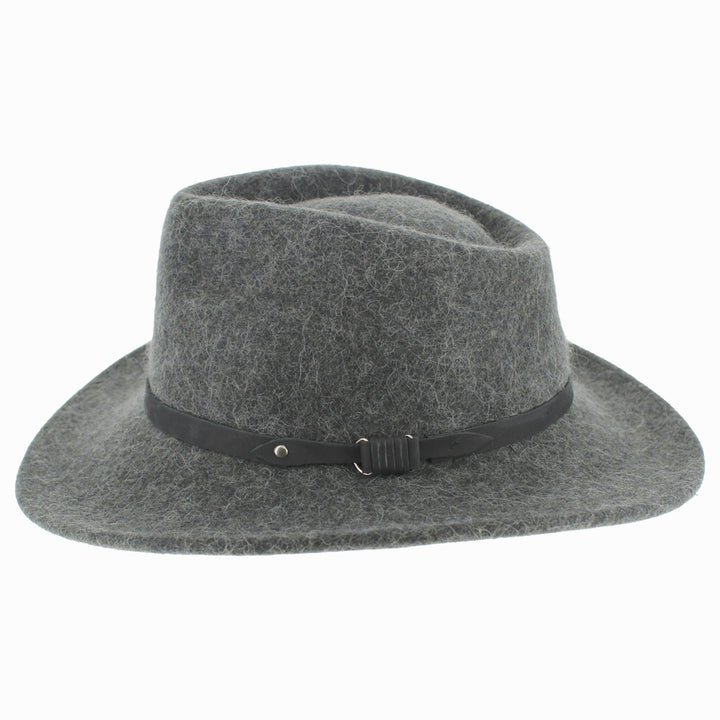 Close-up of Grey Diego alpaca wool felt safari hat with leather band, perfect for fall winter wear