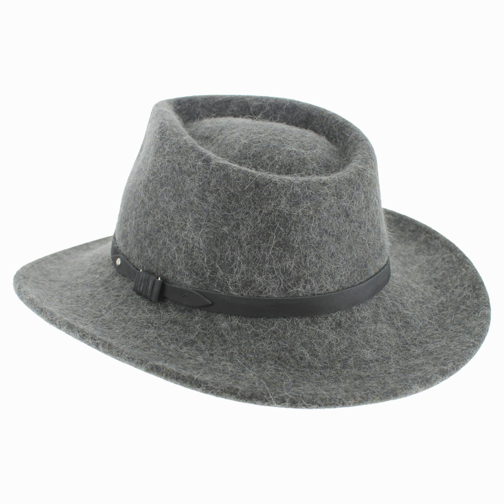 Grey Belfry Diego packable alpaca wool safari hat with wide brim, made for rugged fall winter travel