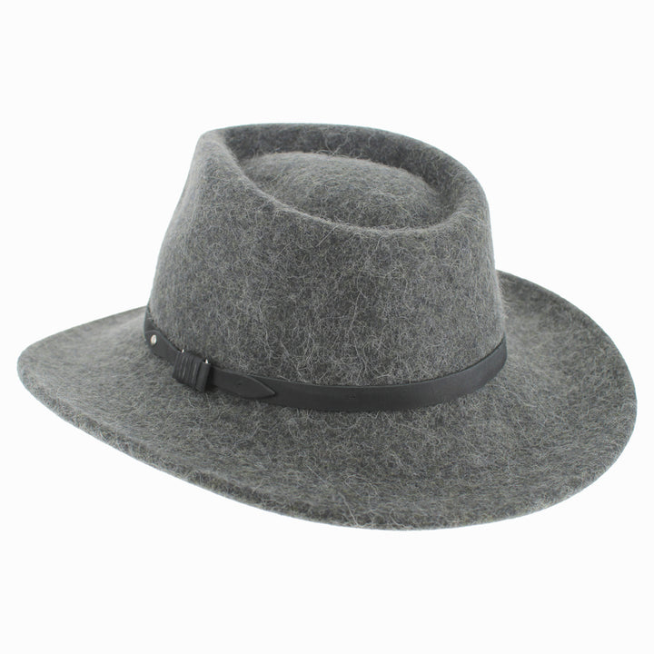 Grey Belfry Diego packable alpaca wool safari hat with wide brim, made for rugged fall winter travel
