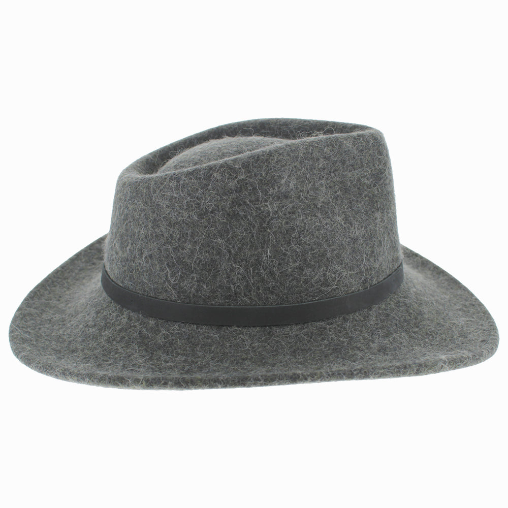 Back angle of Grey Diego alpaca wool safari hat showing wide brim and durable water-repellent finish