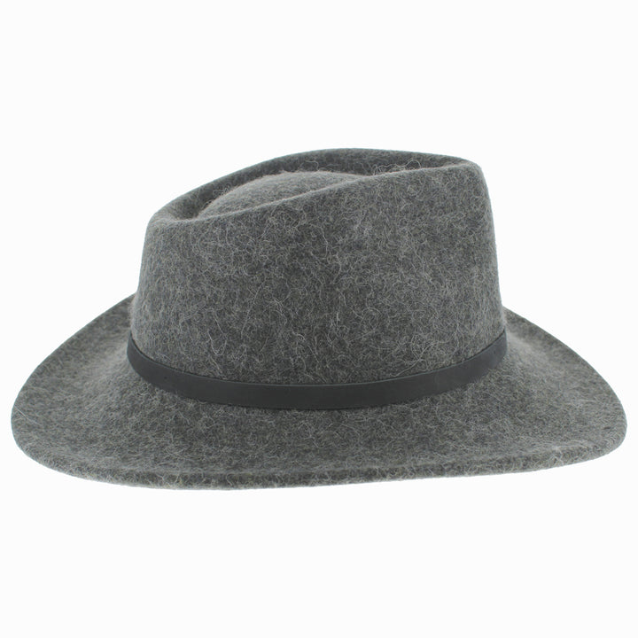 Back angle of Grey Diego alpaca wool safari hat showing wide brim and durable water-repellent finish