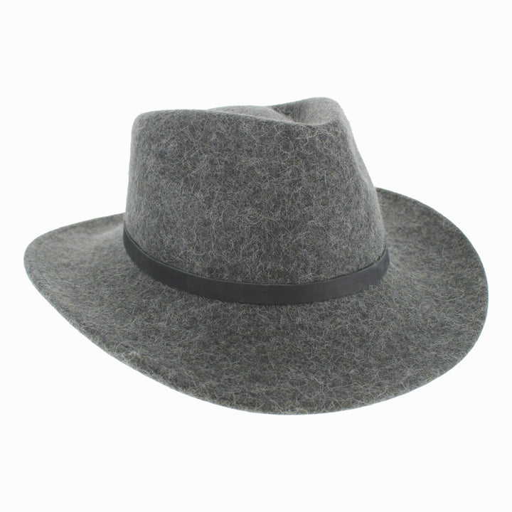 Model wearing Grey Belfry Diego wide-brim alpaca wool safari hat for bold fall winter fashion