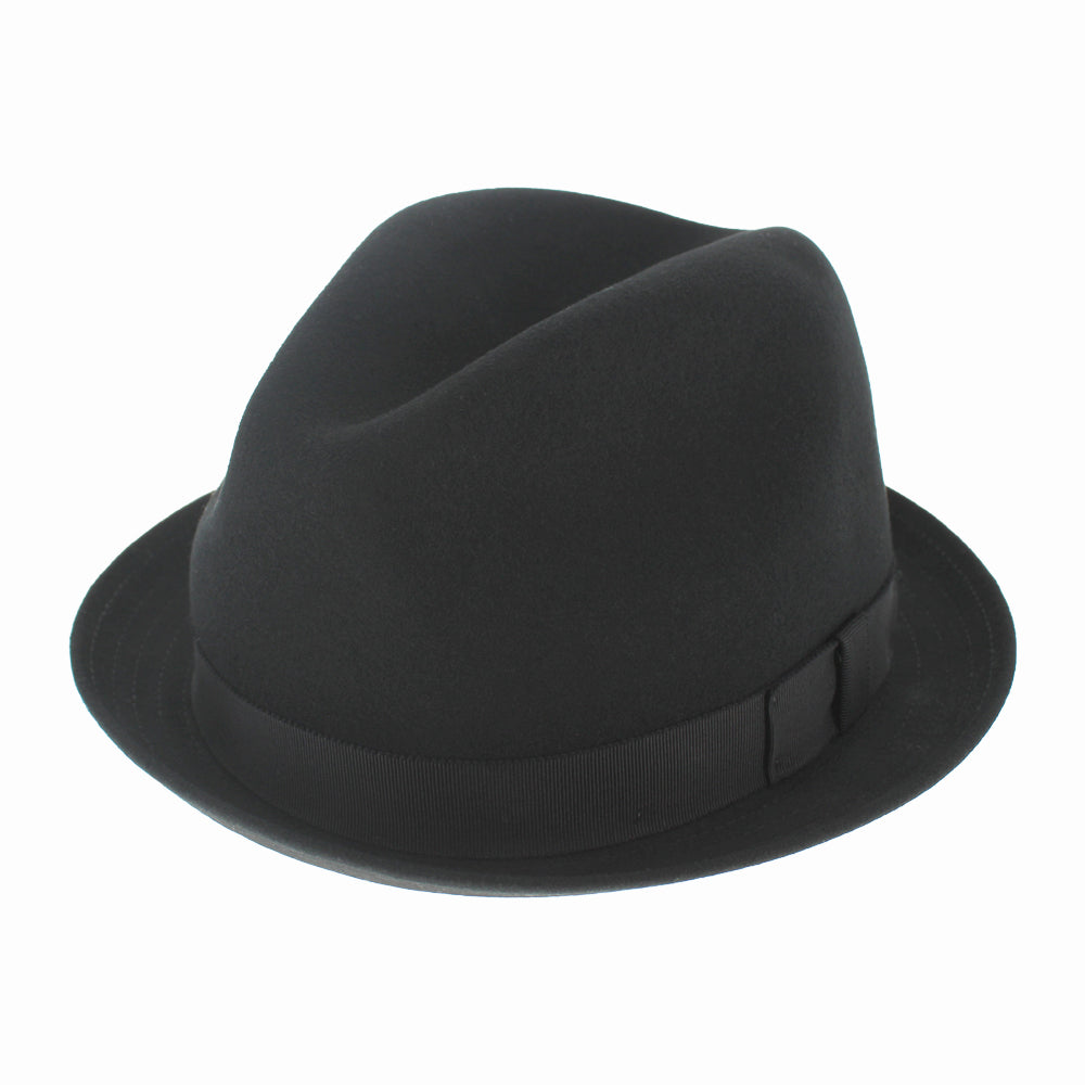 Black Belfry Miles C stingy brim fedora in wool‑cashmere blend, handcrafted with a moisture‑wicking inner band for all‑day comfort