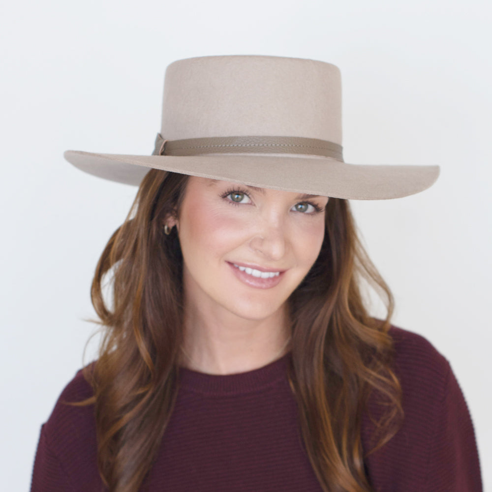 Belfry Mirta nude wool boater hat with leather band and sleek, structured silhouette