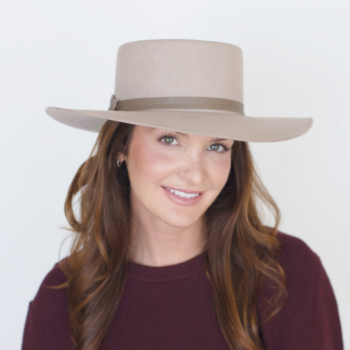 Belfry Mirta nude wool boater hat with leather band and sleek, structured silhouette