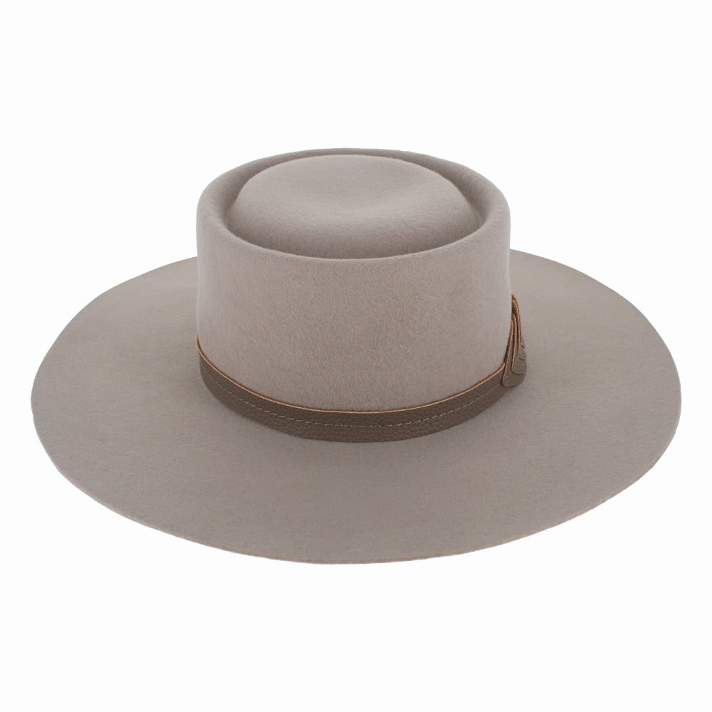Side view of Belfry Mirta nude wool hat with crown and refined leather trim