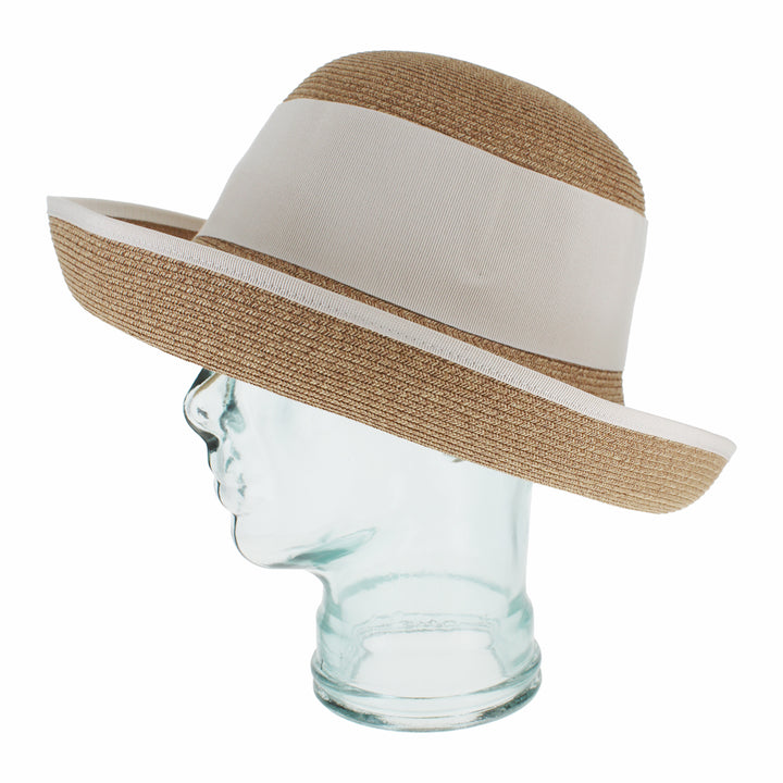 Natural paper yarn cloche hat with ribbon bow detail for elegant styling