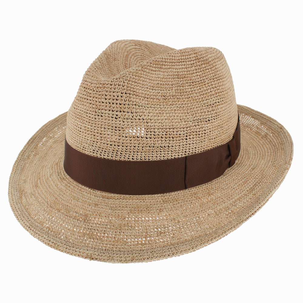 Belfry Monza natural raffia fedora with brown grosgrain band – breathable fall hat for crisp, sunny days