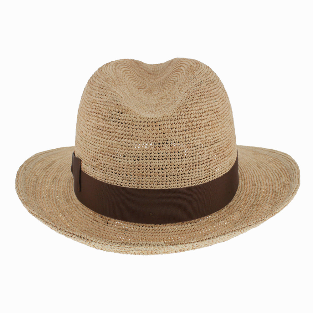 Belfry Monza snap brim fedora in natural raffia straw with brown band – packable summer travel hat