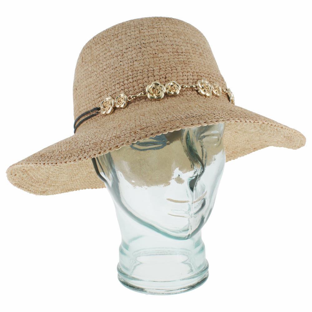 Natural black raffia floppy hat with crocheted texture and lightweight breathable summer design