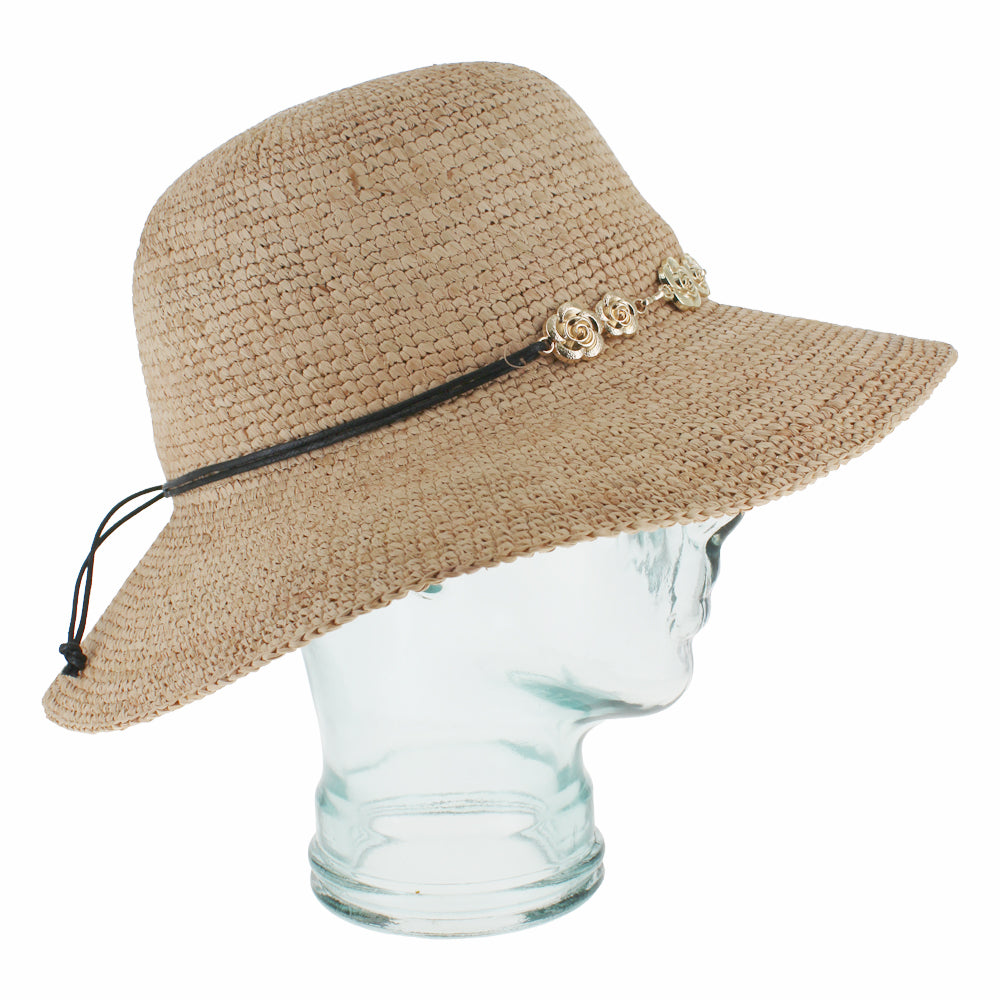 Belfry Nerina natural black raffia floppy hat with floral accent and yarn band detail