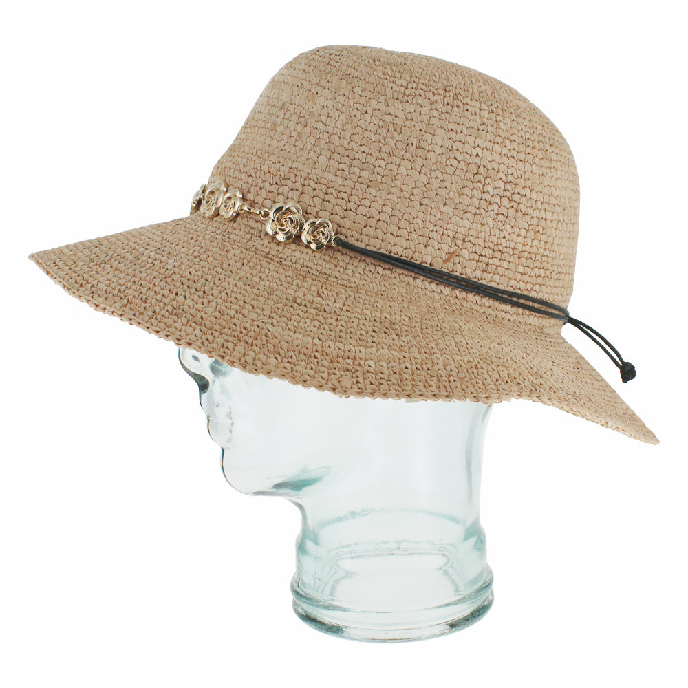 Natural black crocheted raffia hat with floral detail for beach and outdoor wear
