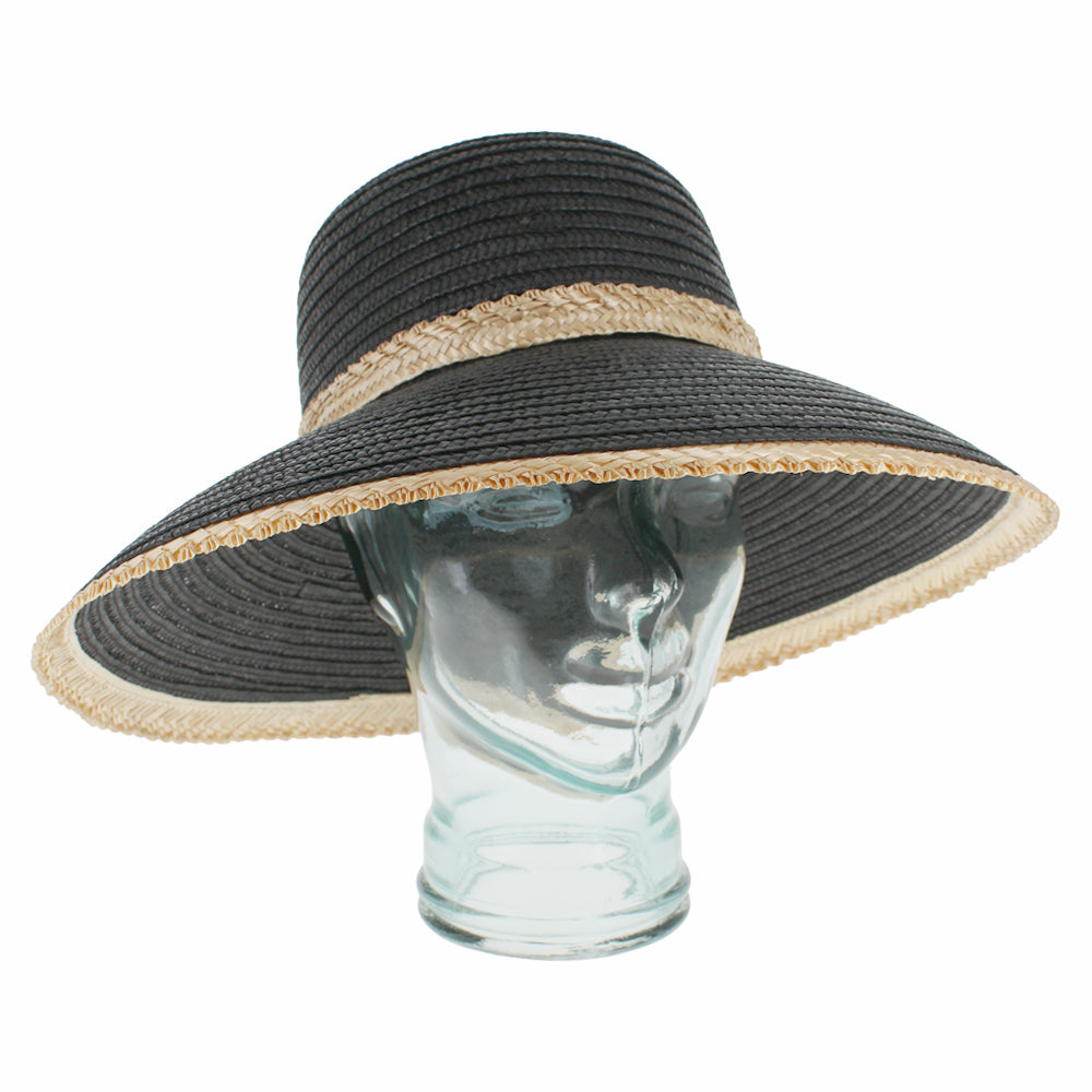 Black braided paper straw lampshade hat with wide brim and lightweight sun protection design