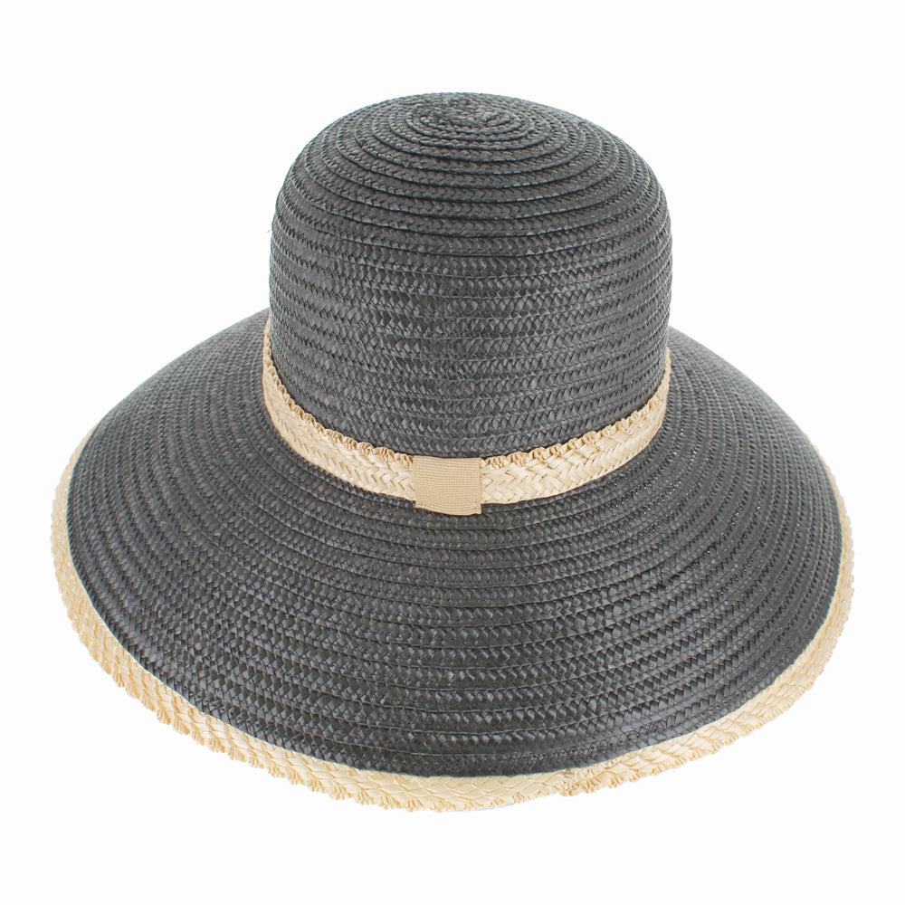 Lightweight black paper straw lampshade hat with wide brim for outdoor summer wear