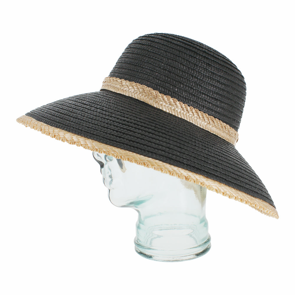 Black braided straw lampshade hat with wide brim for beach and casual styling