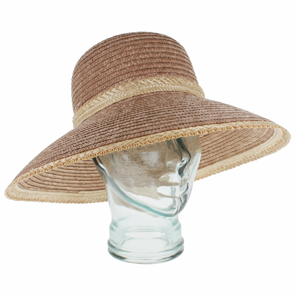 Brown braided paper straw lampshade hat with wide brim and lightweight sun protection design