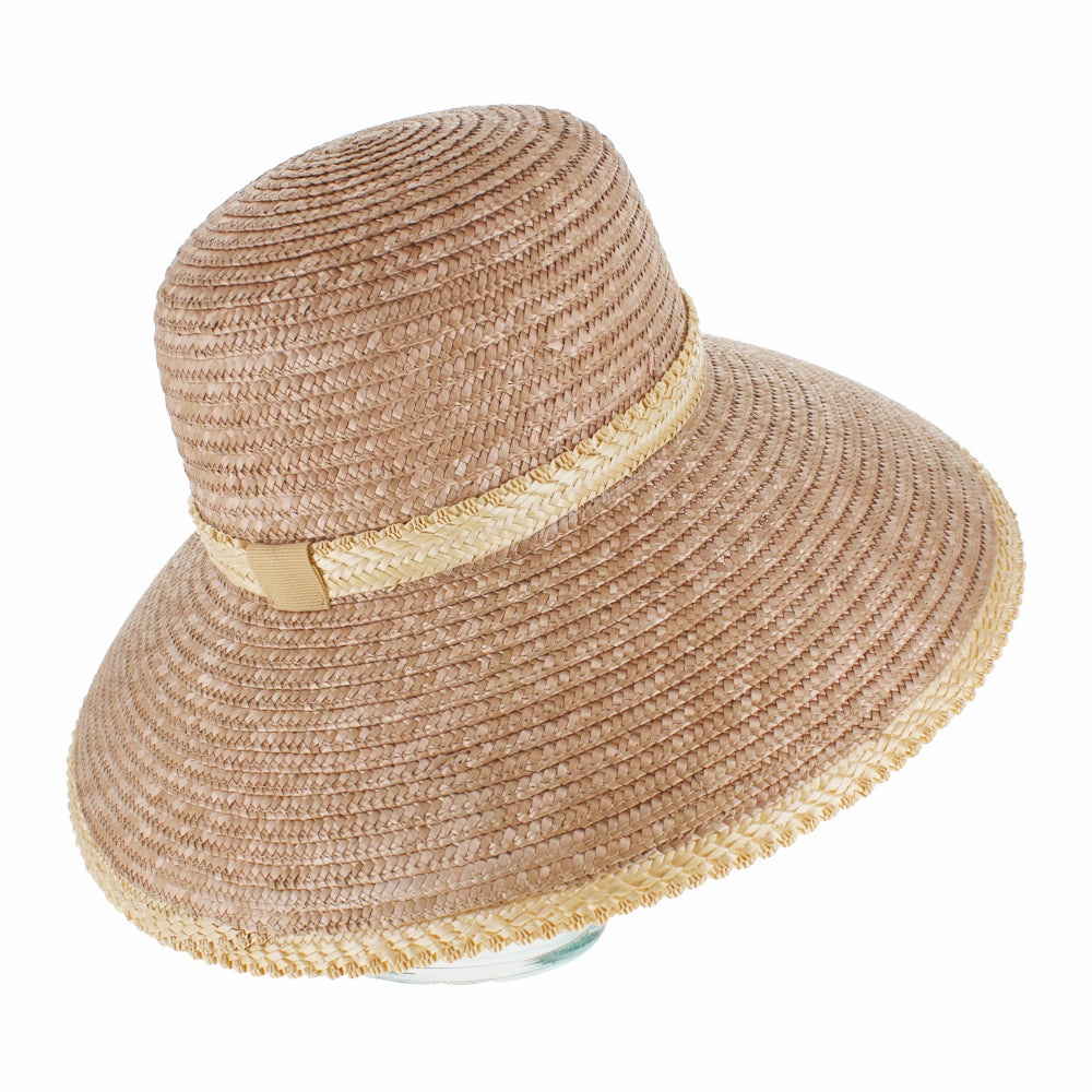 Brown lampshade hat in braided paper straw with wide brim and breathable comfort