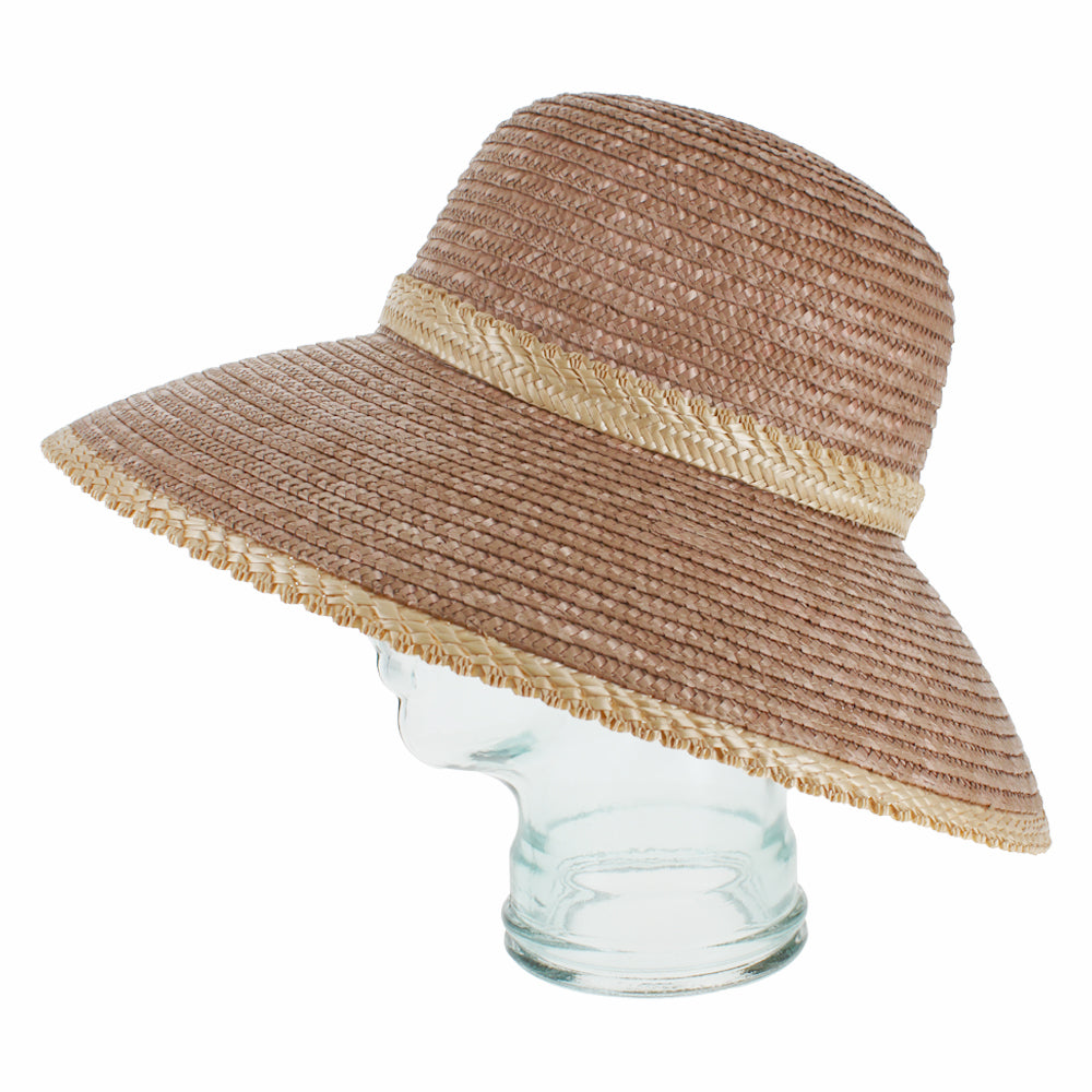 Brown braided straw lampshade hat with wide brim for beach and casual styling