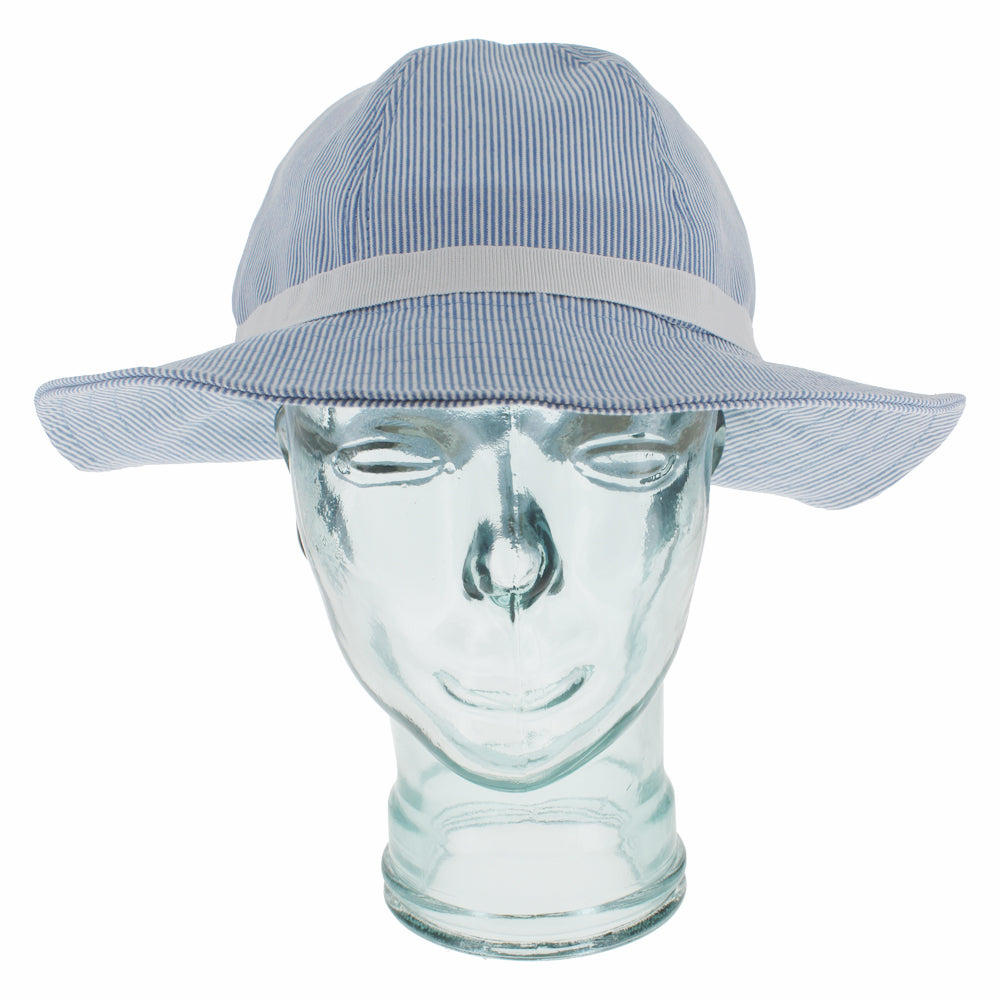 Blue seersucker bonnet hat designed for travel garden and everyday wear