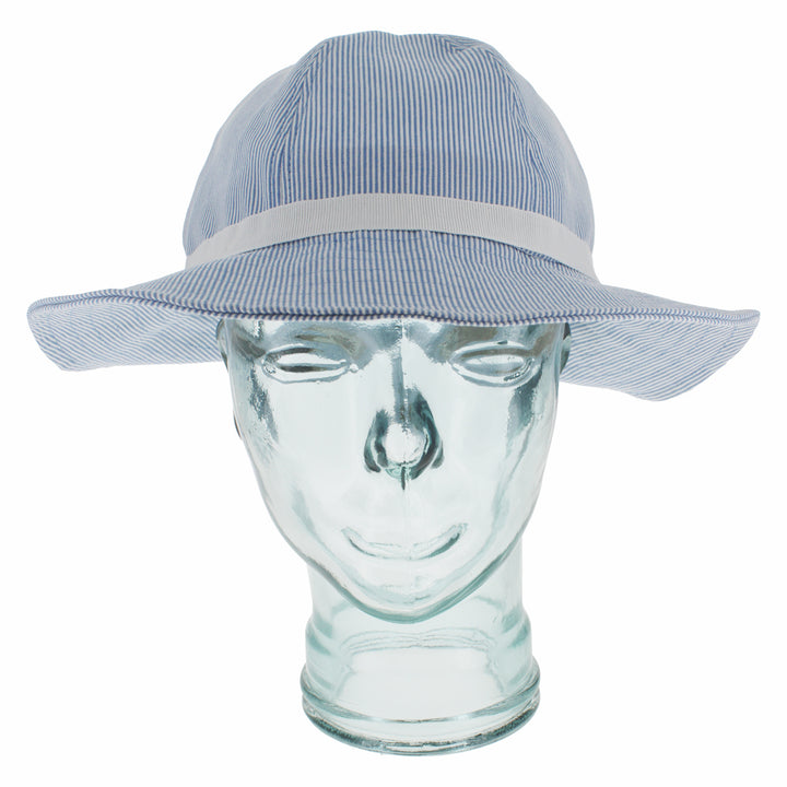 Blue seersucker bonnet hat designed for travel garden and everyday wear