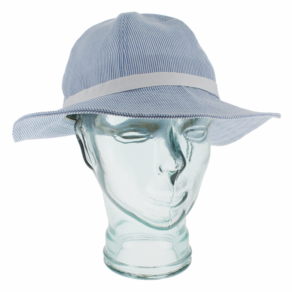 Blue seersucker bonnet hat in cotton with lightweight breathable and packable design