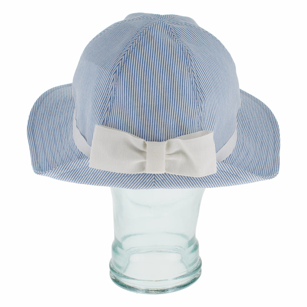 Lightweight blue seersucker bonnet hat with packable travel friendly construction