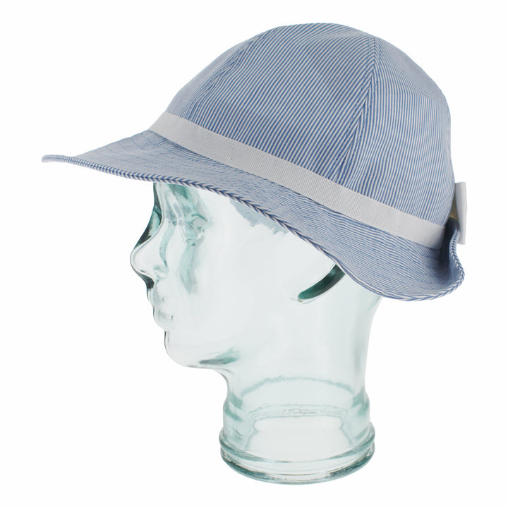 Blue cotton bonnet hat with adjustable fit for secure and comfortable wear