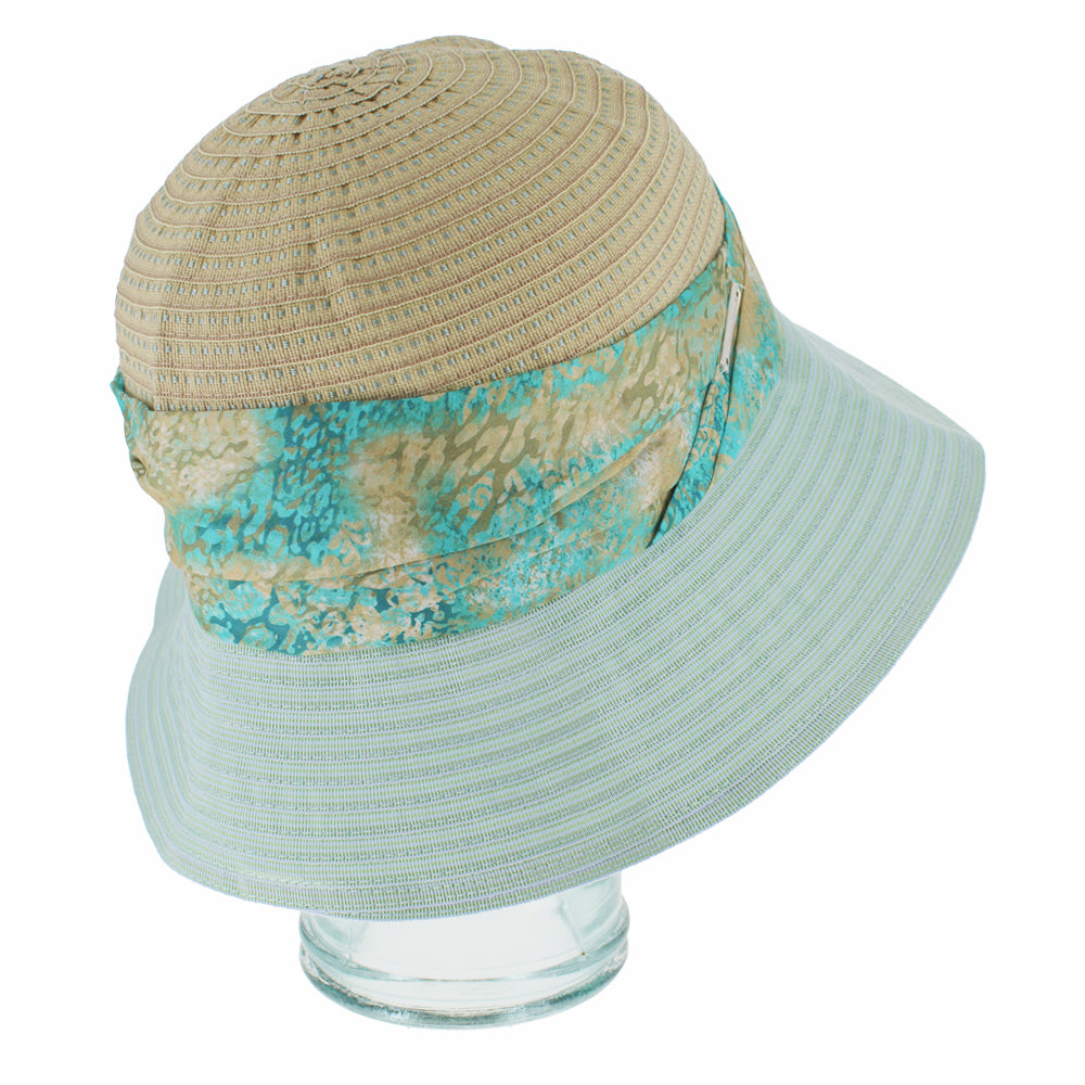 Lightweight teal blue wide brim bucket hat with packable travel friendly design
