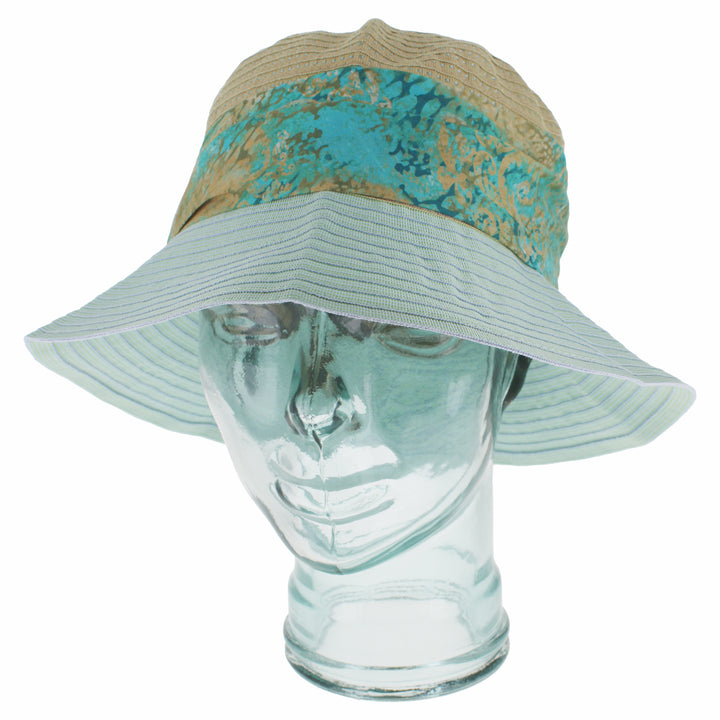 Teal blue wide brim bucket hat designed for beach and outdoor adventures