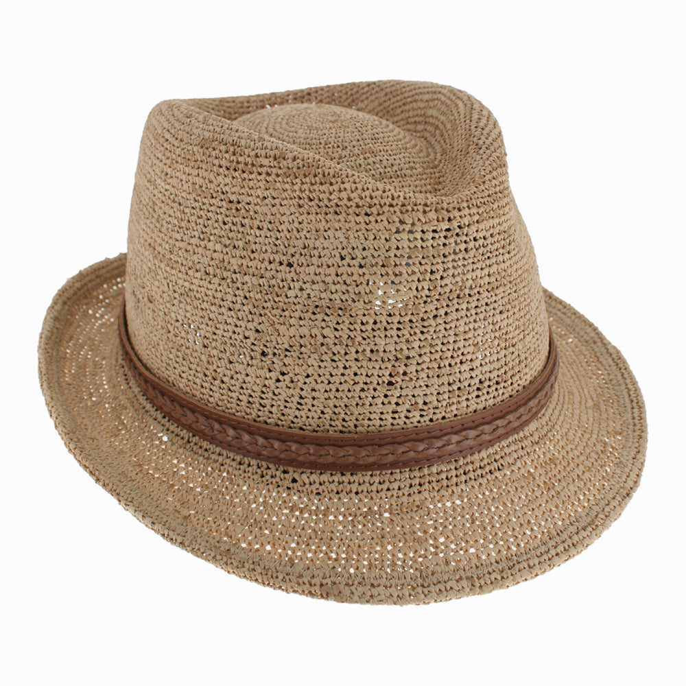 Crocheted raffia trilby hat in natural shade, a go-to summer accessory for men and women