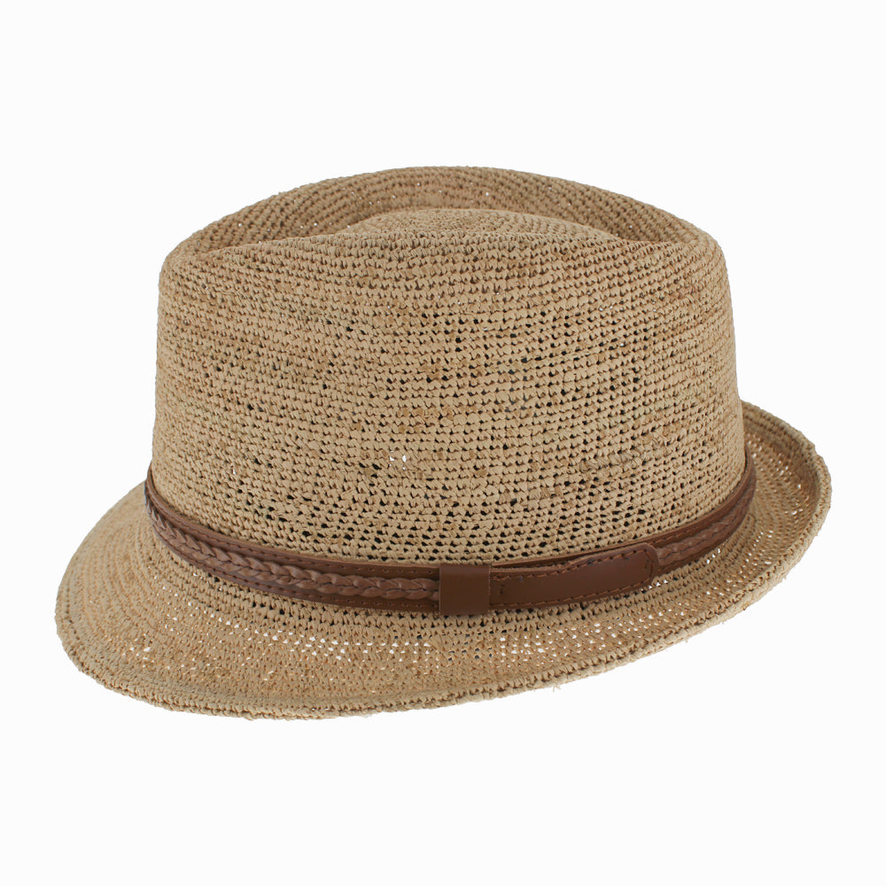 Natural raffia straw trilby hat from Belfry Ragusa, ideal for beach days and summer festivals