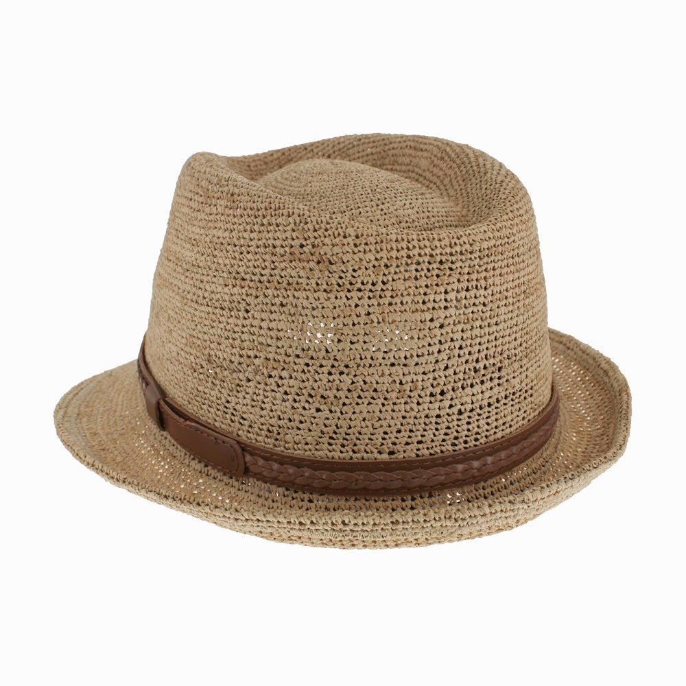 Front view of classic natural trilby made of breathable crocheted raffia straw
