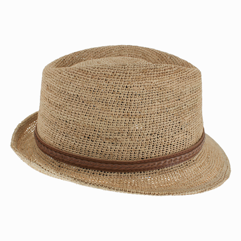 Neutral-tone Belfry Ragusa trilby with travel-friendly raffia weave
