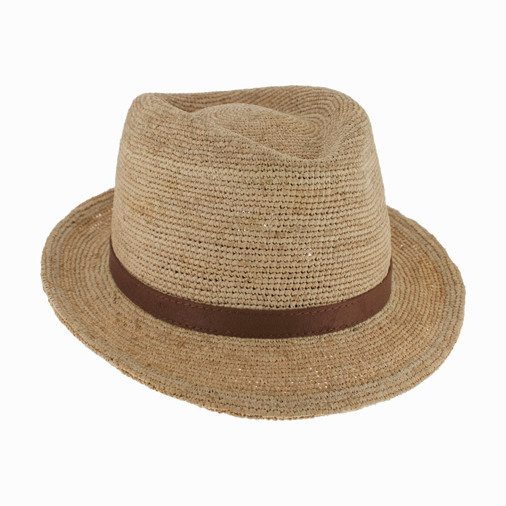 Side angle of Belfry Ragusa suede trilby with airy crochet pattern for cool summer wear