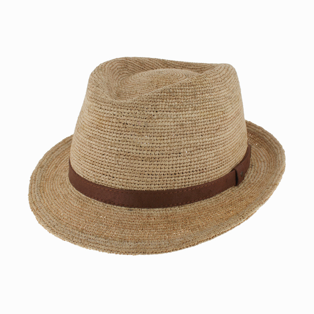 Front view of Belfry Ragusa trilby hat in suede raffia straw, ideal for summer beach outfits