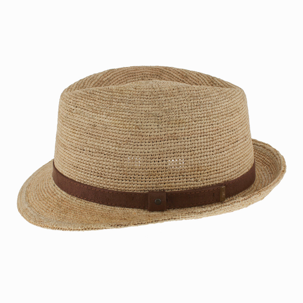 Lightweight suede-colored trilby made of crocheted raffia straw, perfect for warm weather travel