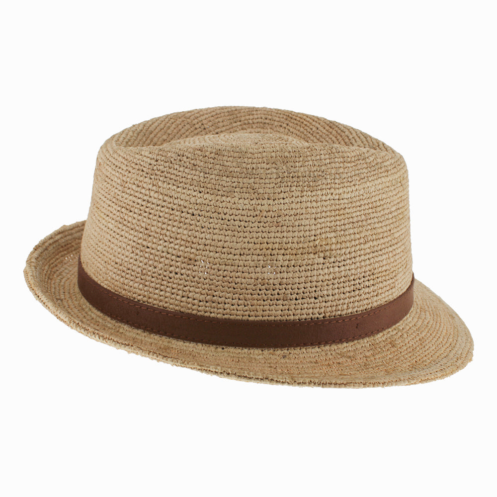 Woven raffia trilby in suede brown, packable and ready for tropical adventures