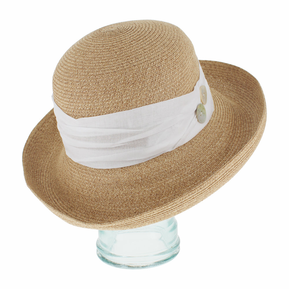 Natural cloche hat with paper yarn construction and lightweight breathable feel