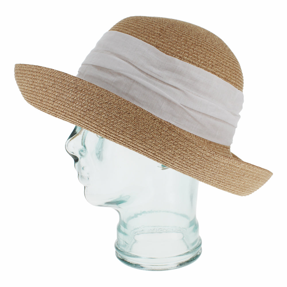 Natural paper yarn cloche hat with button accents for elegant casual styling