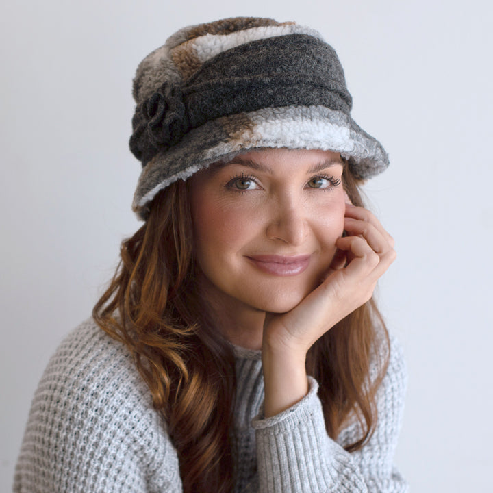 woman wearing a fluffy knitwear cloche with charcoal band belfry sicily