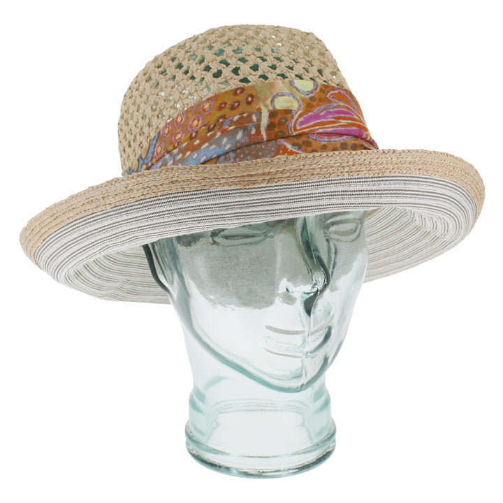 Khaki cloche hat with open weave crown and lightweight breathable packable design