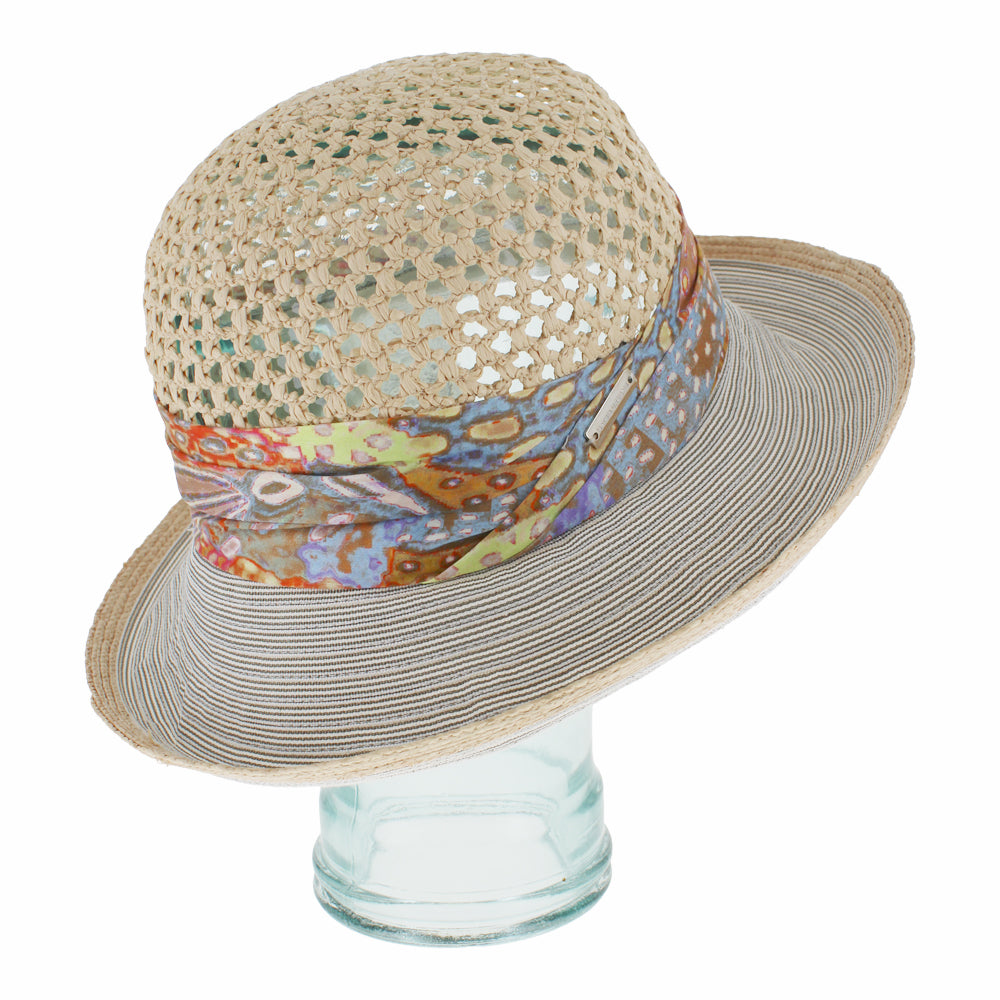 Khaki cloche hat with breathable open weave and structured brim for summer wear