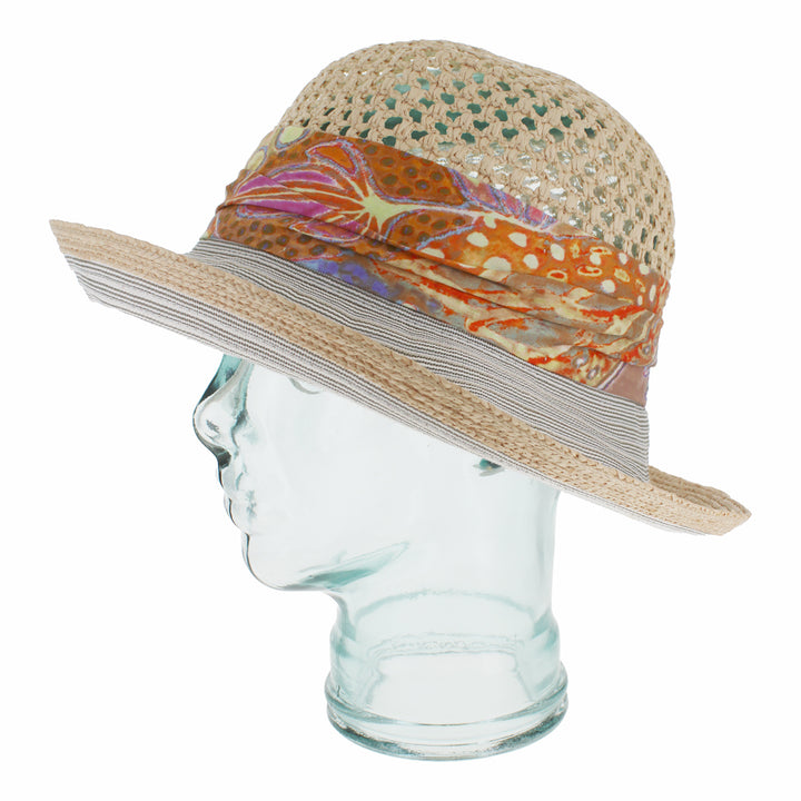 Khaki straw blend cloche hat with airy crown and protective brim