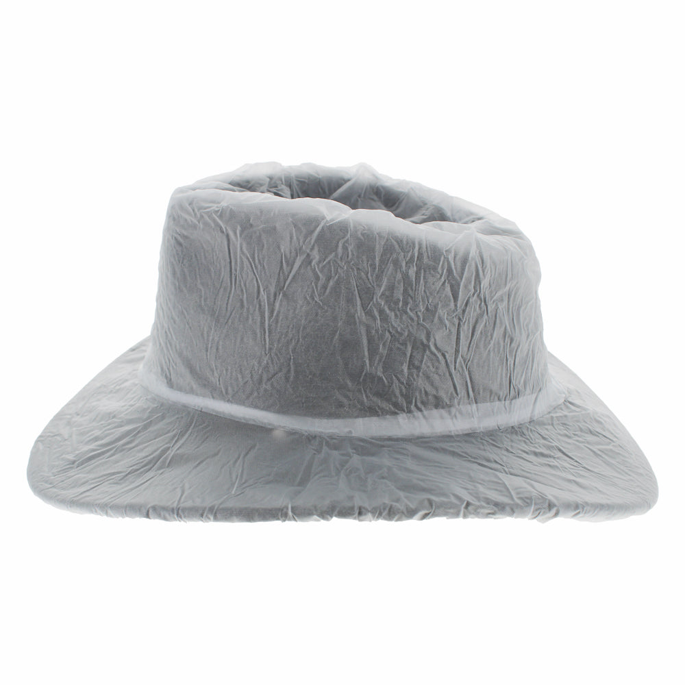 Clear vinyl hat cover designed to repel moisture and protect hats in harsh weather